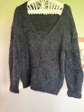 bp Black Fuzzy V-Neck Sweater